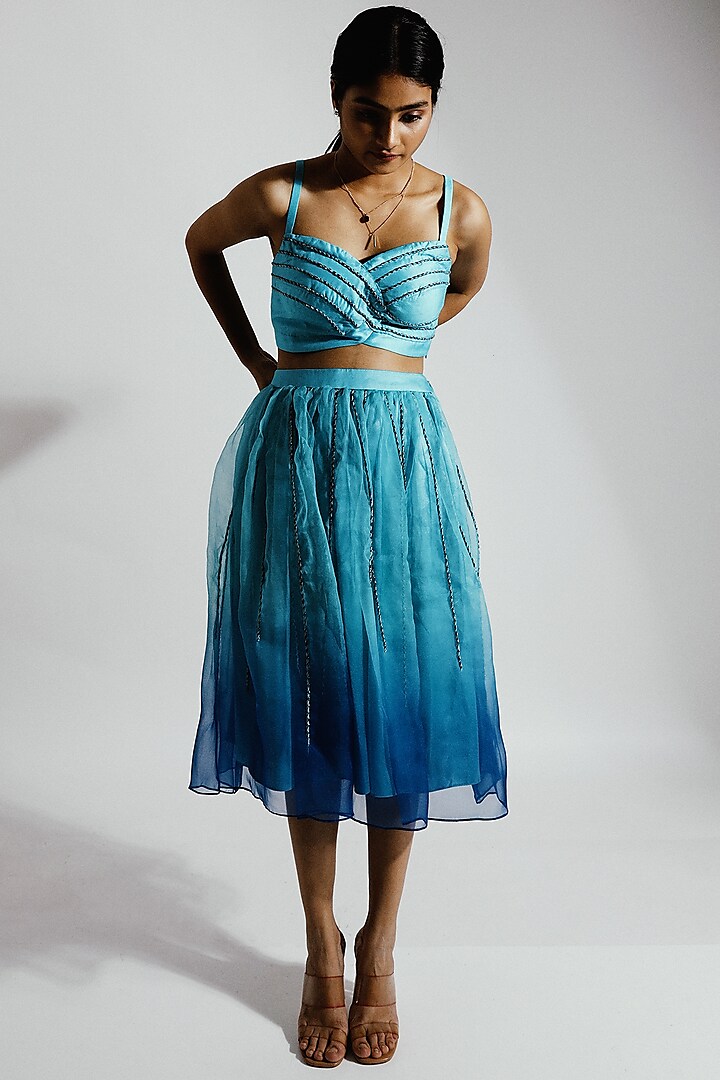 Sky Blue Ombre Embroidered Skirt Set by Joskai Studio