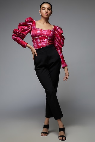 Hot Pink Modal Satin Printed Top by Joskai Studio