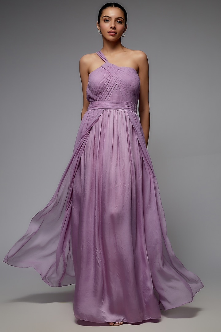 Purple Bemberg Satin & Chiffon One-Shoulder Gown by Joskai Studio