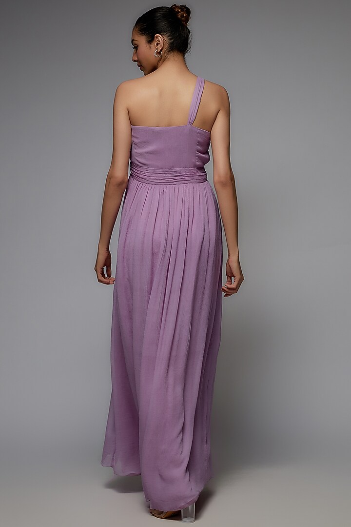 Purple Bemberg Satin & Chiffon One-Shoulder Party Wear Gown by Joskai Studio at Pernia's Pop Up Shop