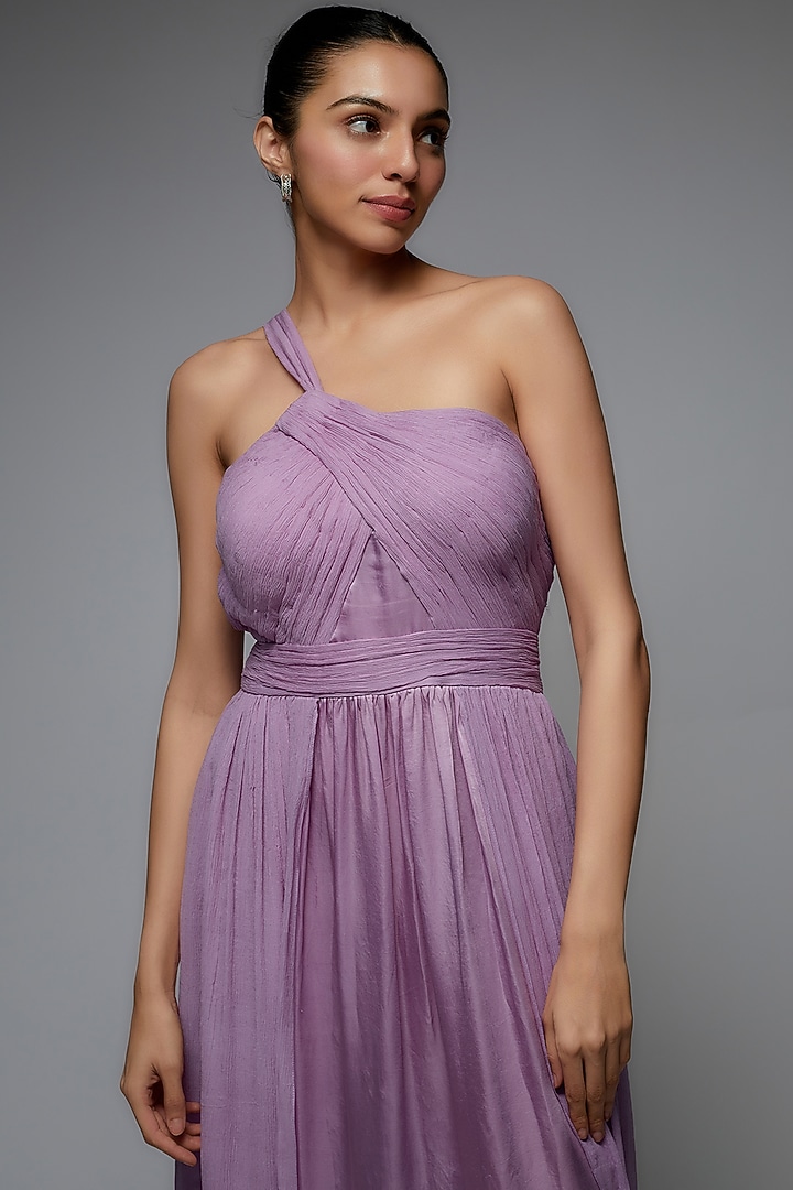Purple Bemberg Satin & Chiffon One-Shoulder Party Wear Gown by Joskai Studio at Pernia's Pop Up Shop