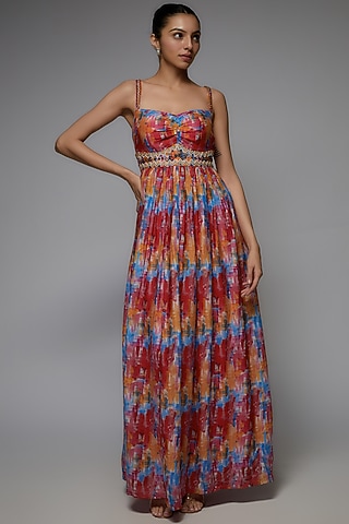 Multi-Colored Cotton Silk Printed Maxi Gown by Joskai Studio