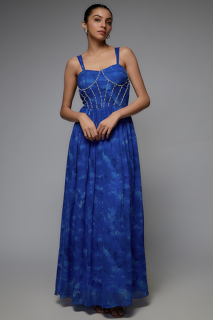 Blue Chiffon Printed & Embroidered Maxi Gown by Joskai Studio