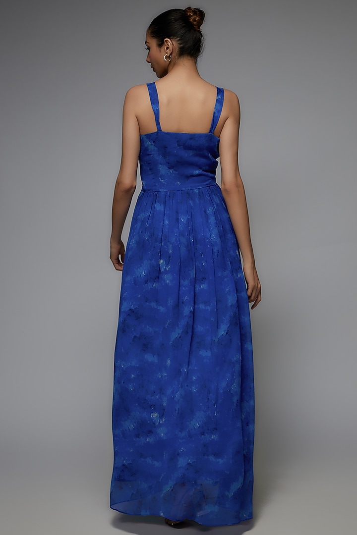 Blue Chiffon Printed & Embroidered Maxi Party Wear Gown by Joskai Studio at Pernia's Pop Up Shop