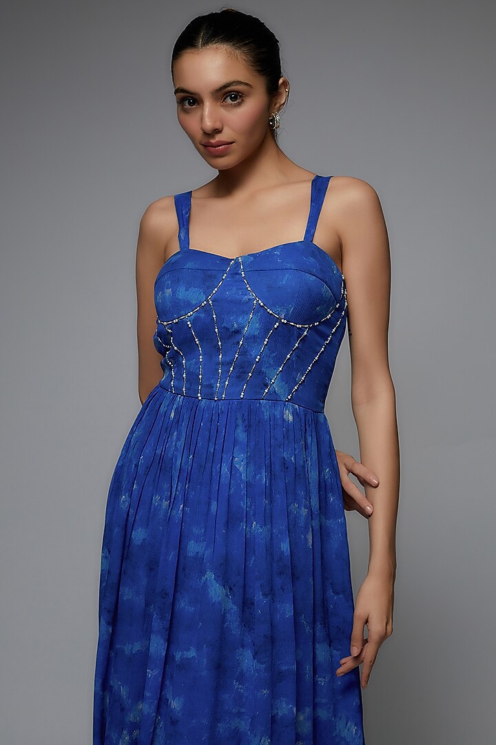 Blue Chiffon Printed & Embroidered Maxi Party Wear Gown by Joskai Studio at Pernia's Pop Up Shop