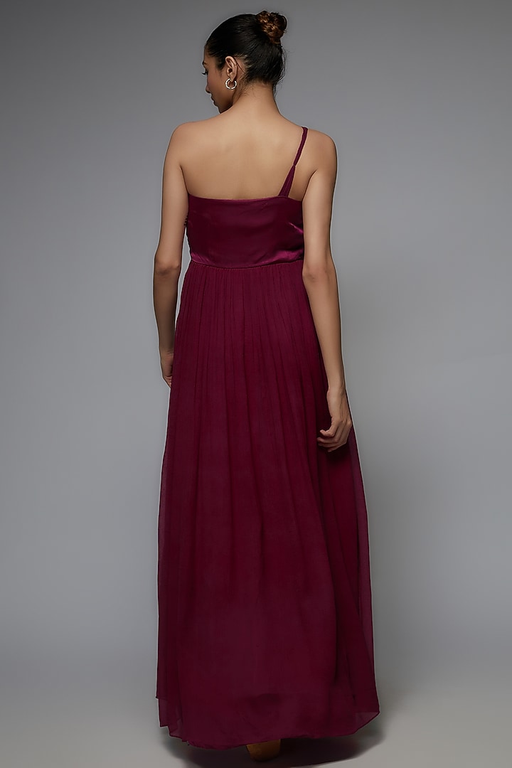 Wine Bemberg Satin & Chiffon One-Shoulder Party Wear Gown by Joskai Studio at Pernia's Pop Up Shop