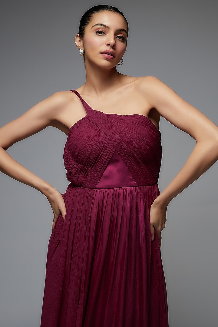 Wine Bemberg Satin & Chiffon One-Shoulder Party Wear Gown by Joskai Studio at Pernia's Pop Up Shop