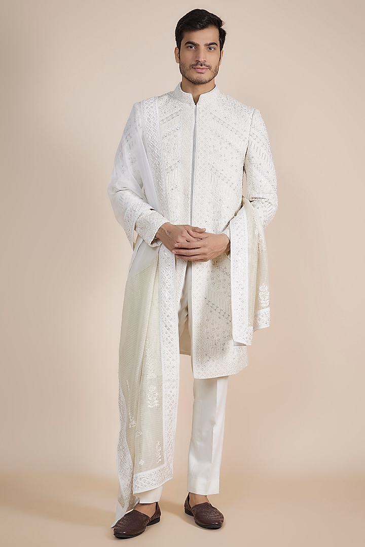 Ivory Silk Thread Embroidered Sherwani With Stole by Sarab Khanijou at Pernia's Pop Up Shop