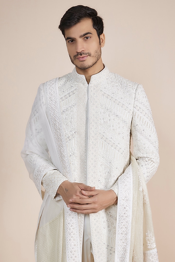 Ivory Silk Thread Embroidered Sherwani With Stole by Sarab Khanijou at Pernia's Pop Up Shop