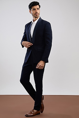 Teal Blue Sandwash Tuxedo Set by Sarab Khanijou