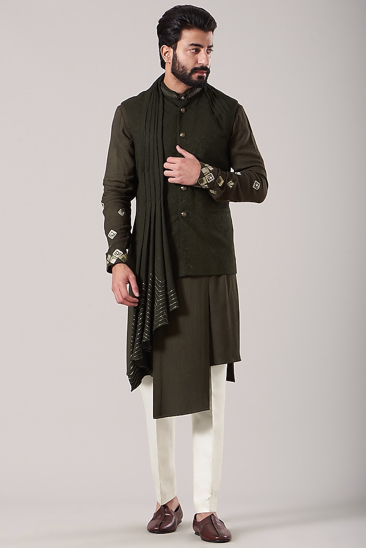 Olive Green Moss Crepe Kurta Set With Waistcoat by Sarab Khanijou