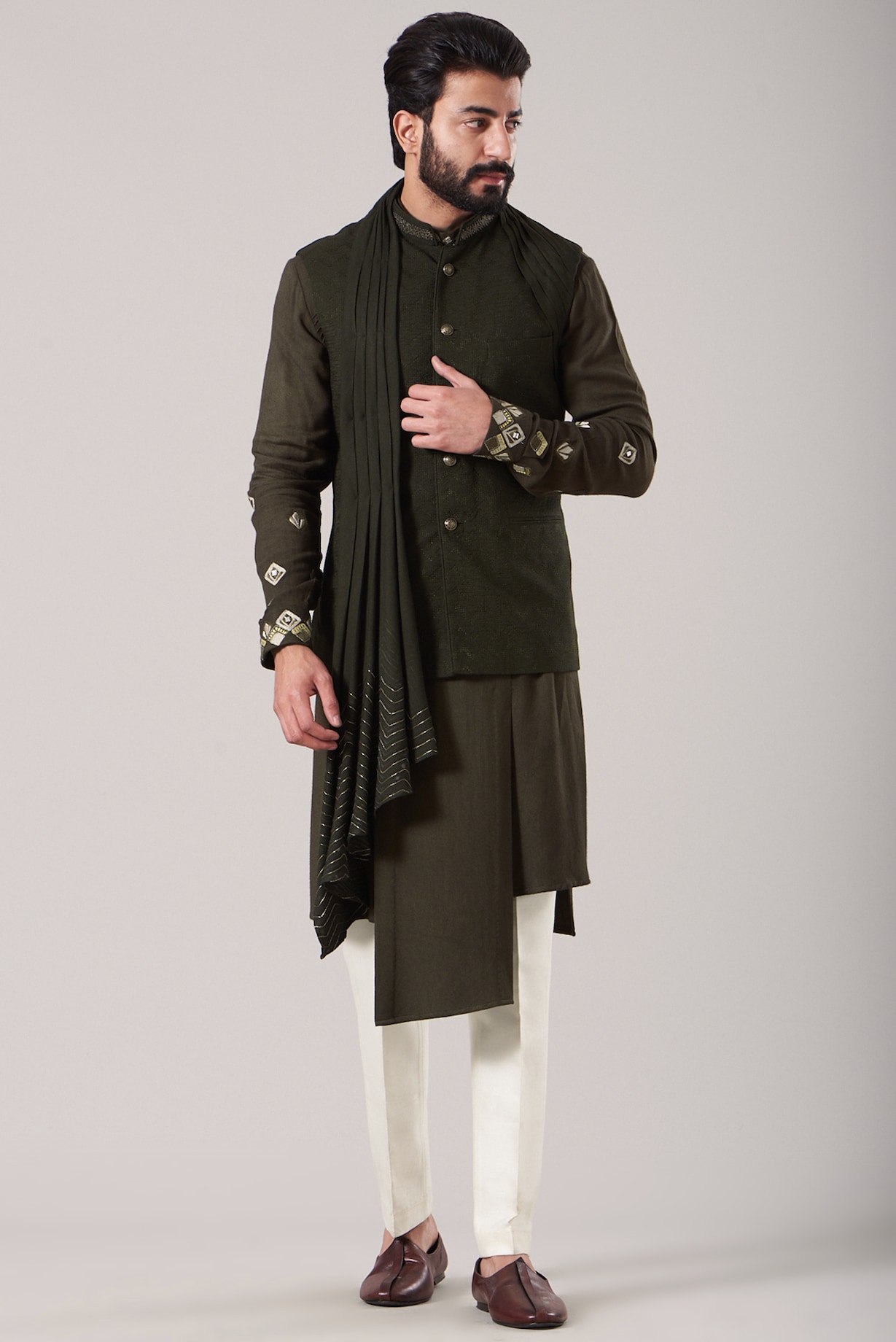 Olive Green Moss Crepe Kurta Set With Waistcoat by Sarab Khanijou