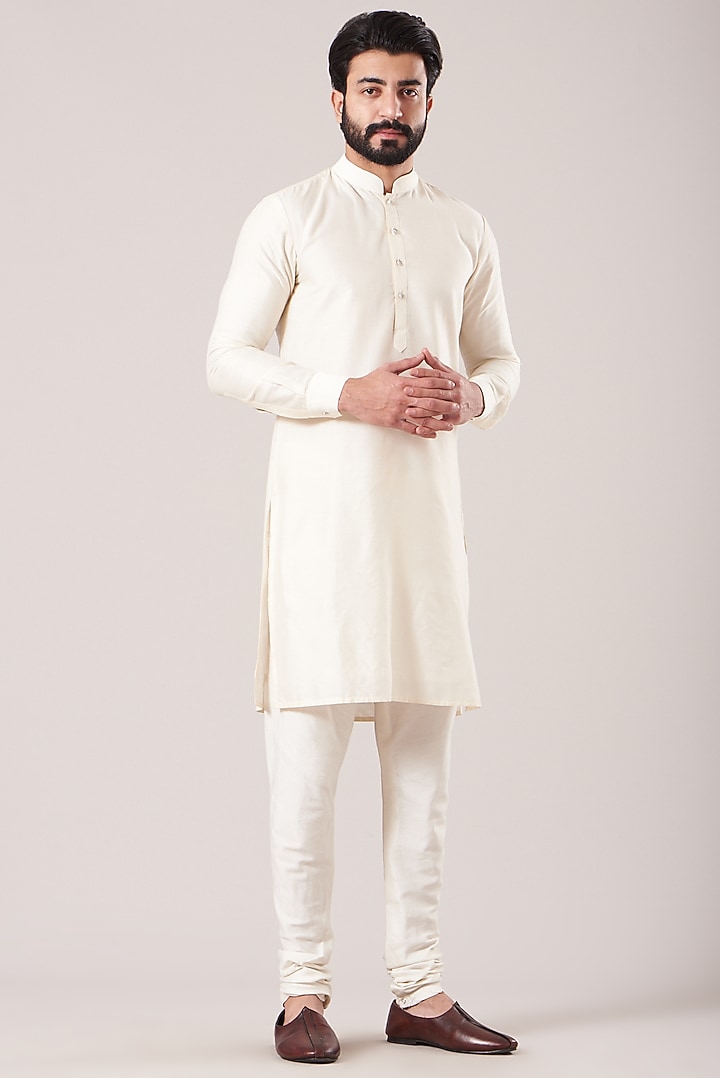 White Moonga Embroidered Groom Sherwani Set by Sarab Khanijou at Pernia's Pop Up Shop