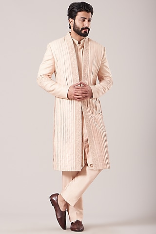 Dusty Rose Raw Silk Embroidered Sherwani Set by Sarab Khanijou