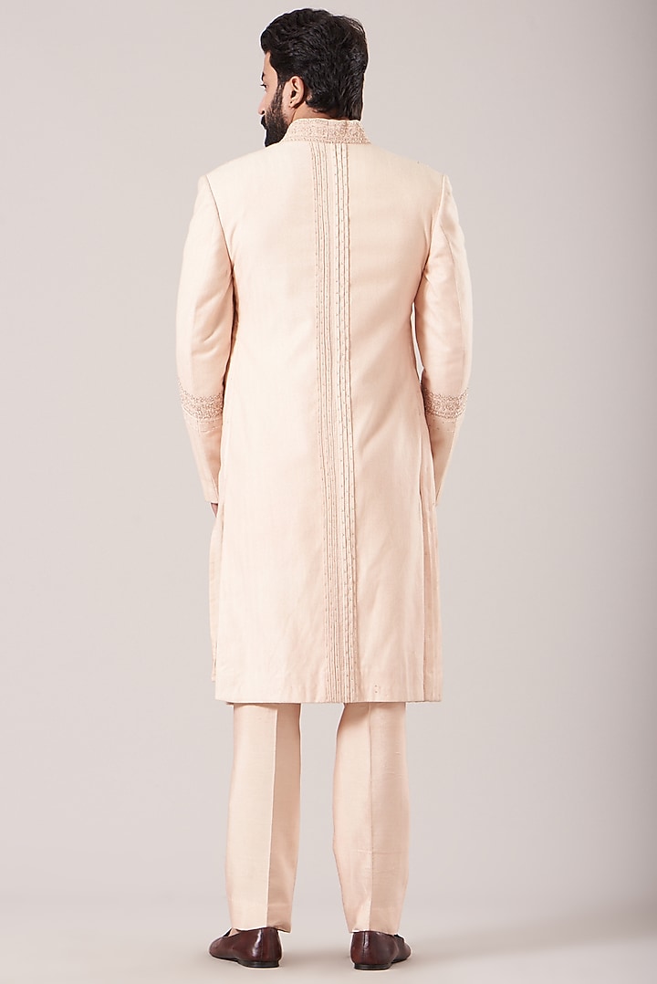 Dusty Rose Raw Silk Embroidered Groom Sherwani Set by Sarab Khanijou at Pernia's Pop Up Shop