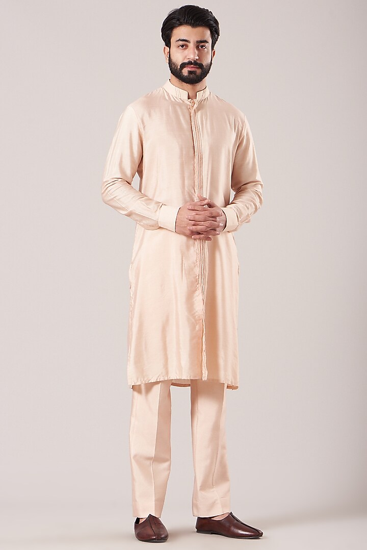 Dusty Rose Raw Silk Embroidered Groom Sherwani Set by Sarab Khanijou at Pernia's Pop Up Shop
