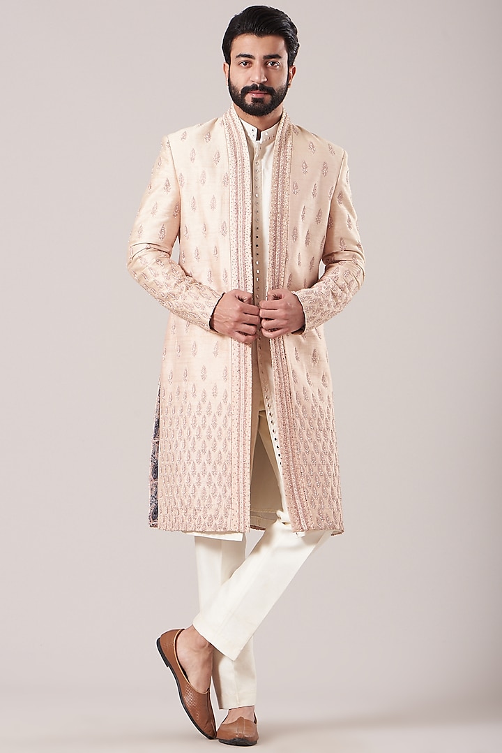 Dusty Rose Raw Silk Sherwani Set by Sarab Khanijou