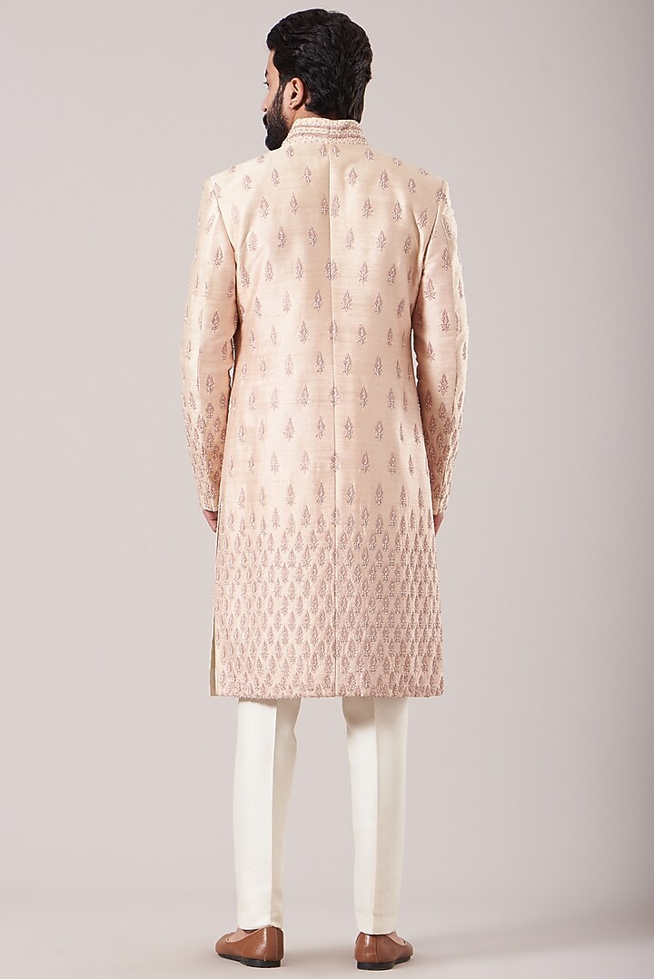 Dusty Rose Raw Silk Groom Sherwani Set by Sarab Khanijou at Pernia's Pop Up Shop