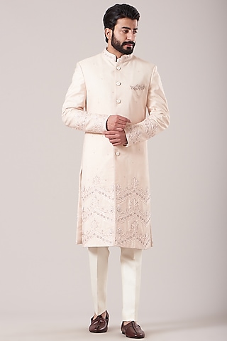 Peach Raw Silk Embroidered Sherwani Set by Sarab Khanijou