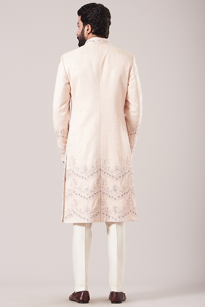 Peach Raw Silk Embroidered Groom Sherwani Set by Sarab Khanijou at Pernia's Pop Up Shop