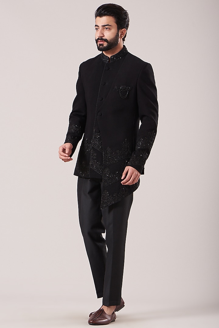 Black Wool Suiting Embroidered Bandhgala Jacket Set by Sarab Khanijou at Pernia's Pop Up Shop