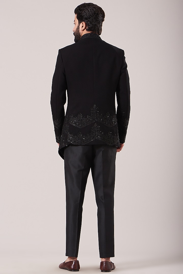 Black Wool Suiting Embroidered Bandhgala Jacket Set by Sarab Khanijou at Pernia's Pop Up Shop