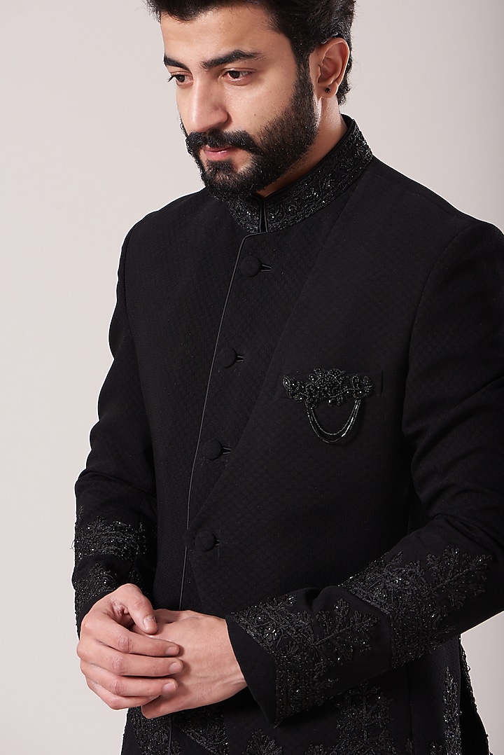Black Wool Suiting Embroidered Bandhgala Jacket Set by Sarab Khanijou at Pernia's Pop Up Shop