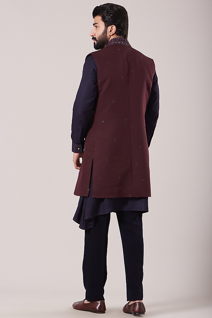 Wine Banana Crepe Embroidered Waistcoat Set by Sarab Khanijou at Pernia's Pop Up Shop