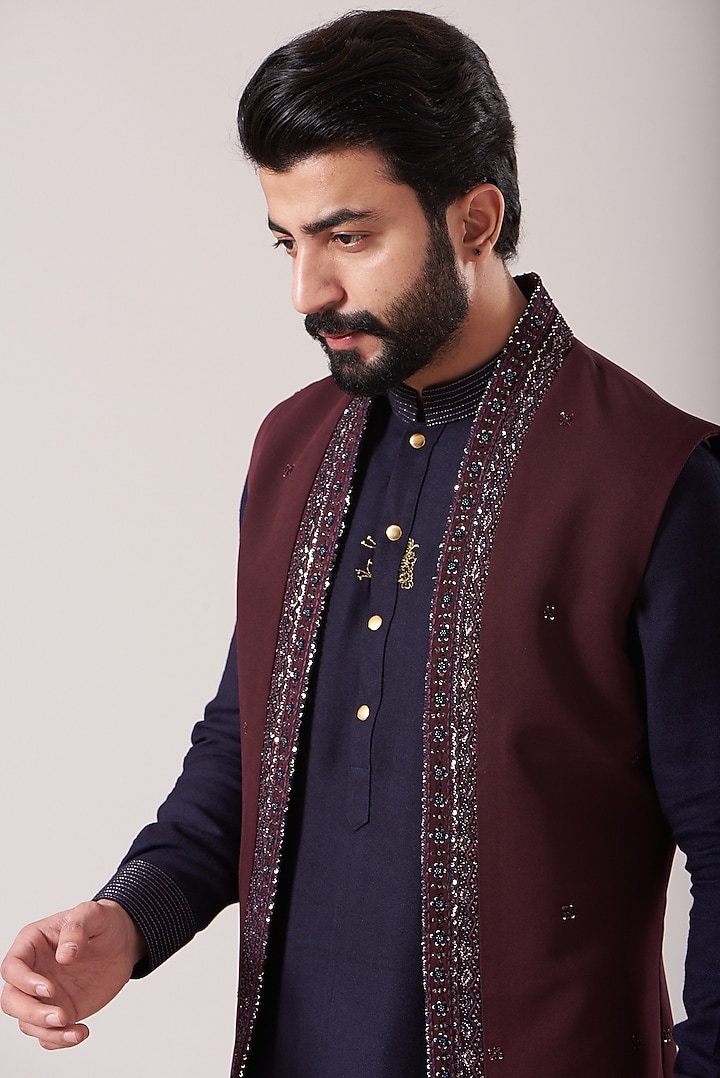Wine Banana Crepe Embroidered Waistcoat Set by Sarab Khanijou at Pernia's Pop Up Shop