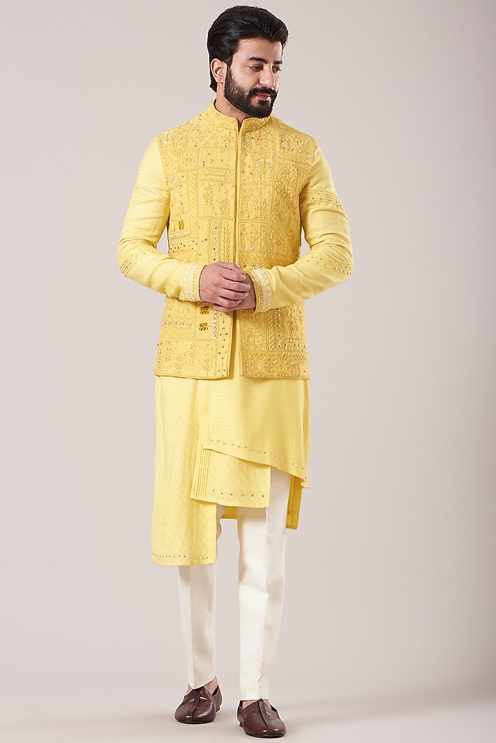 Dandelion Yellow Bhagalpuri Silk Embroidered Nehru Jacket Set by Sarab Khanijou at Pernia's Pop Up Shop
