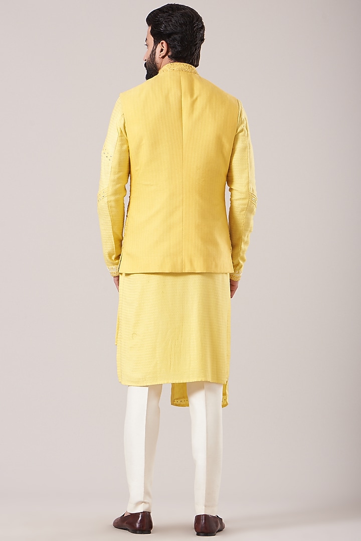 Dandelion Yellow Bhagalpuri Silk Embroidered Nehru Jacket Set by Sarab Khanijou at Pernia's Pop Up Shop