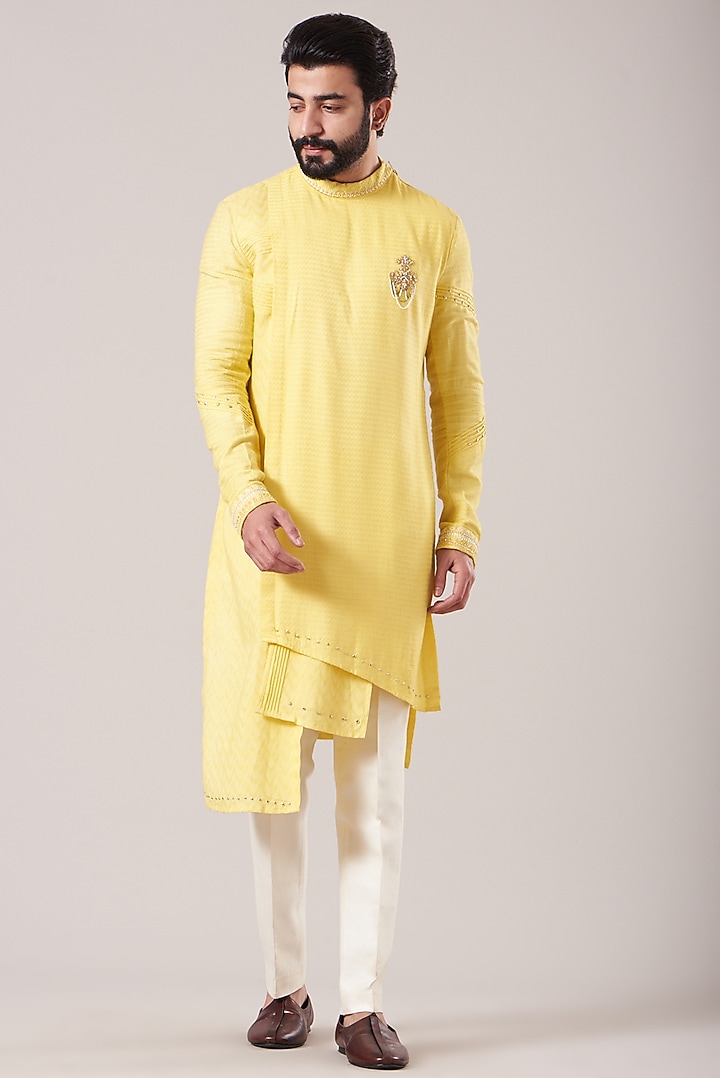Dandelion Yellow Bhagalpuri Silk Embroidered Nehru Jacket Set by Sarab Khanijou at Pernia's Pop Up Shop