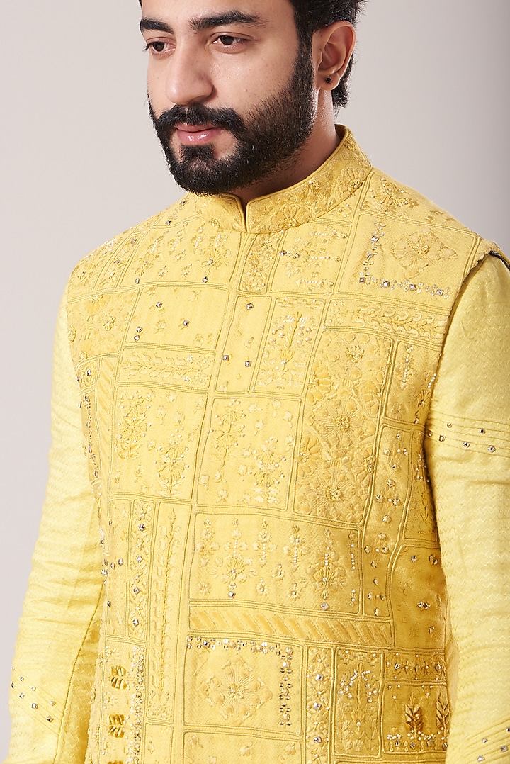 Dandelion Yellow Bhagalpuri Silk Embroidered Nehru Jacket Set by Sarab Khanijou at Pernia's Pop Up Shop