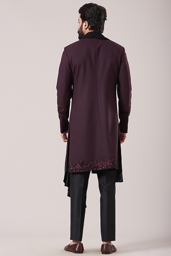 Dark Wine Embroidered Wedding Bandhgala Jacket Set by Sarab Khanijou at Pernia's Pop Up Shop