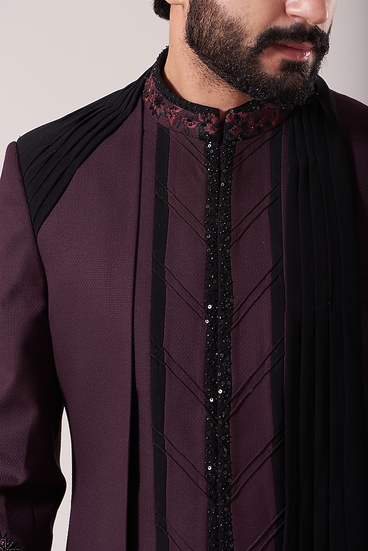 Dark Wine Embroidered Wedding Bandhgala Jacket Set by Sarab Khanijou at Pernia's Pop Up Shop