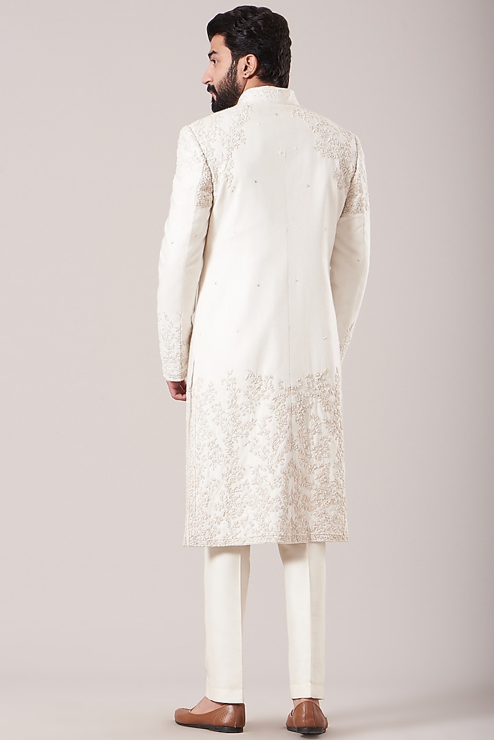 White Bhagalpuri Silk Embroidered Front-Open Groom Sherwani Set by Sarab Khanijou at Pernia's Pop Up Shop