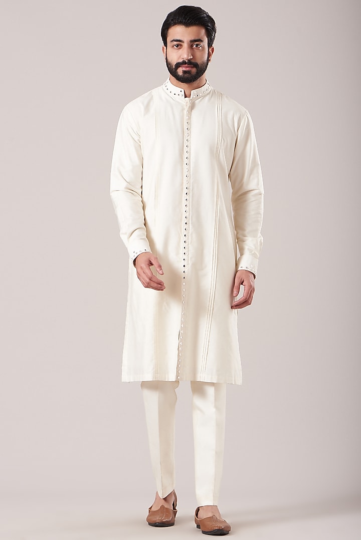White Bhagalpuri Silk Embroidered Front-Open Groom Sherwani Set by Sarab Khanijou at Pernia's Pop Up Shop
