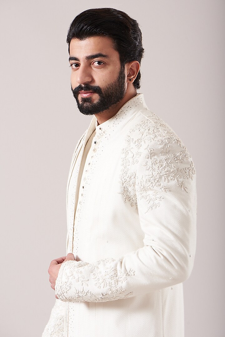 White Bhagalpuri Silk Embroidered Front-Open Groom Sherwani Set by Sarab Khanijou at Pernia's Pop Up Shop