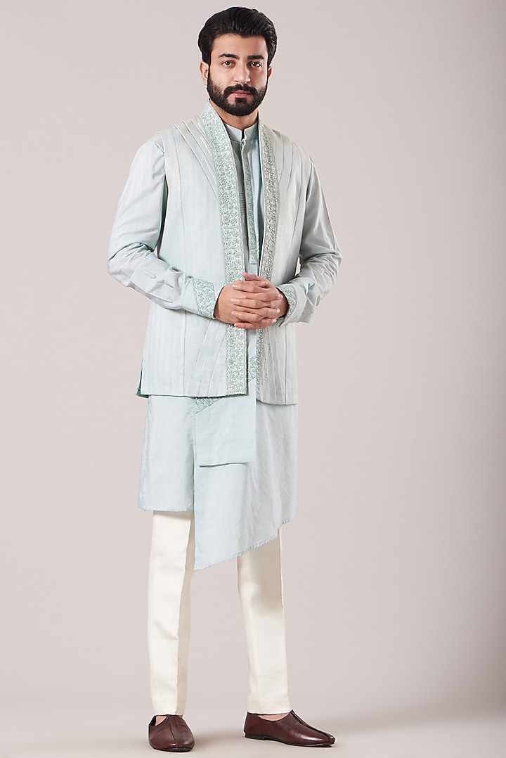 Powder Blue Bhagalpuri Silk Embroidered Waistcoat Set by Sarab Khanijou at Pernia's Pop Up Shop