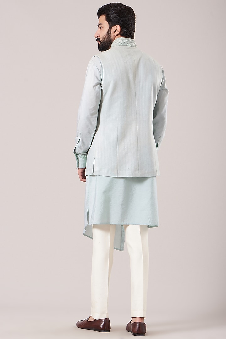 Powder Blue Bhagalpuri Silk Embroidered Waistcoat Set by Sarab Khanijou at Pernia's Pop Up Shop