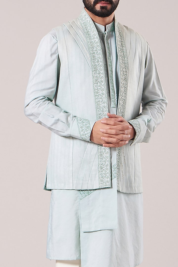 Powder Blue Bhagalpuri Silk Embroidered Waistcoat Set by Sarab Khanijou at Pernia's Pop Up Shop