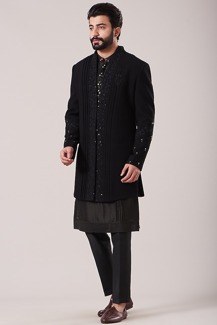 Black Chanderi Bandhgala Jacket Set by Sarab Khanijou at Pernia's Pop Up Shop