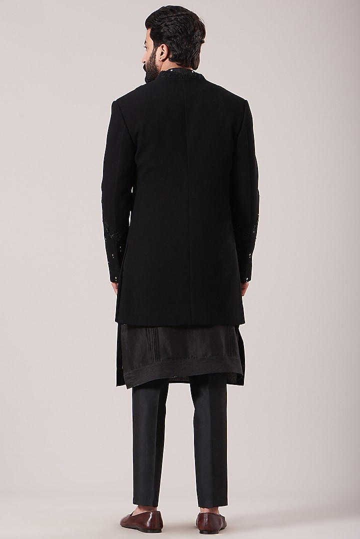 Black Chanderi Bandhgala Jacket Set by Sarab Khanijou at Pernia's Pop Up Shop
