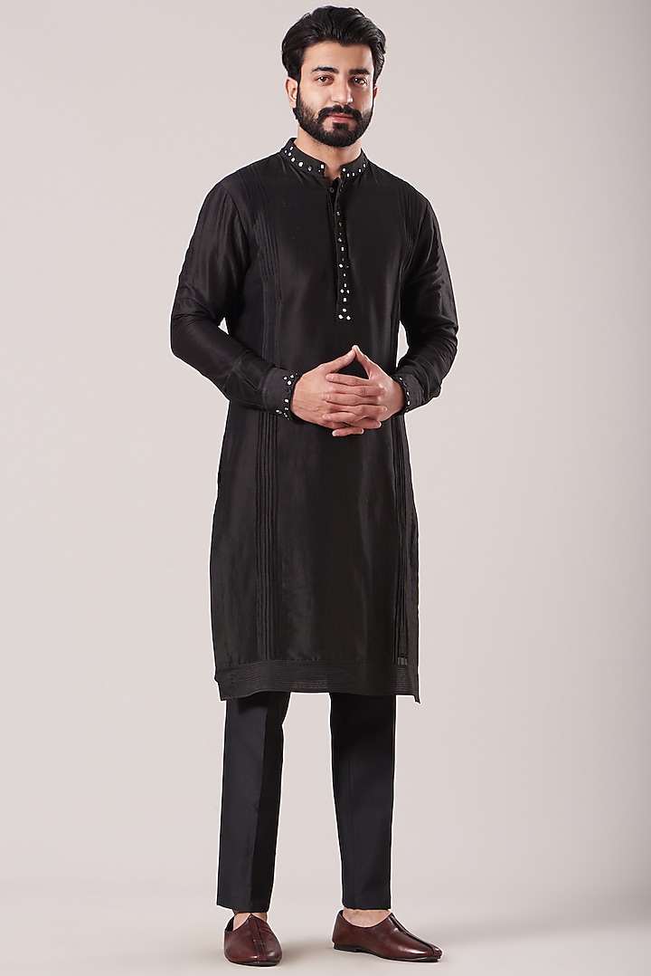 Black Chanderi Bandhgala Jacket Set by Sarab Khanijou at Pernia's Pop Up Shop
