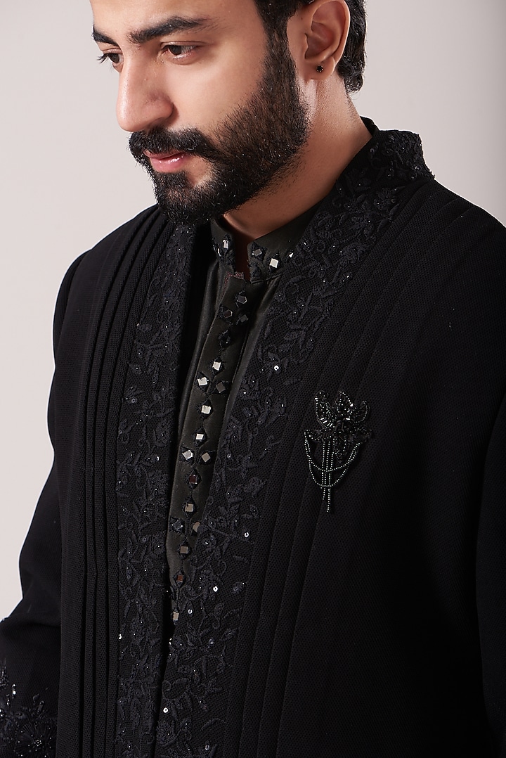 Black Chanderi Bandhgala Jacket Set by Sarab Khanijou at Pernia's Pop Up Shop