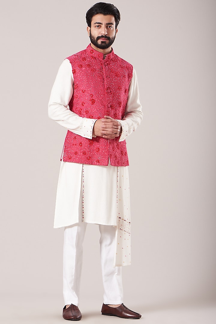 White Cotton Silk Kurta Set With Waistcoat by Sarab Khanijou