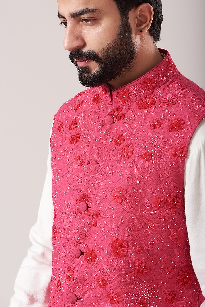 Hot Pink Bhagalpuri Silk Floral Embroidered Bundi Jacket Set by Sarab Khanijou at Pernia's Pop Up Shop