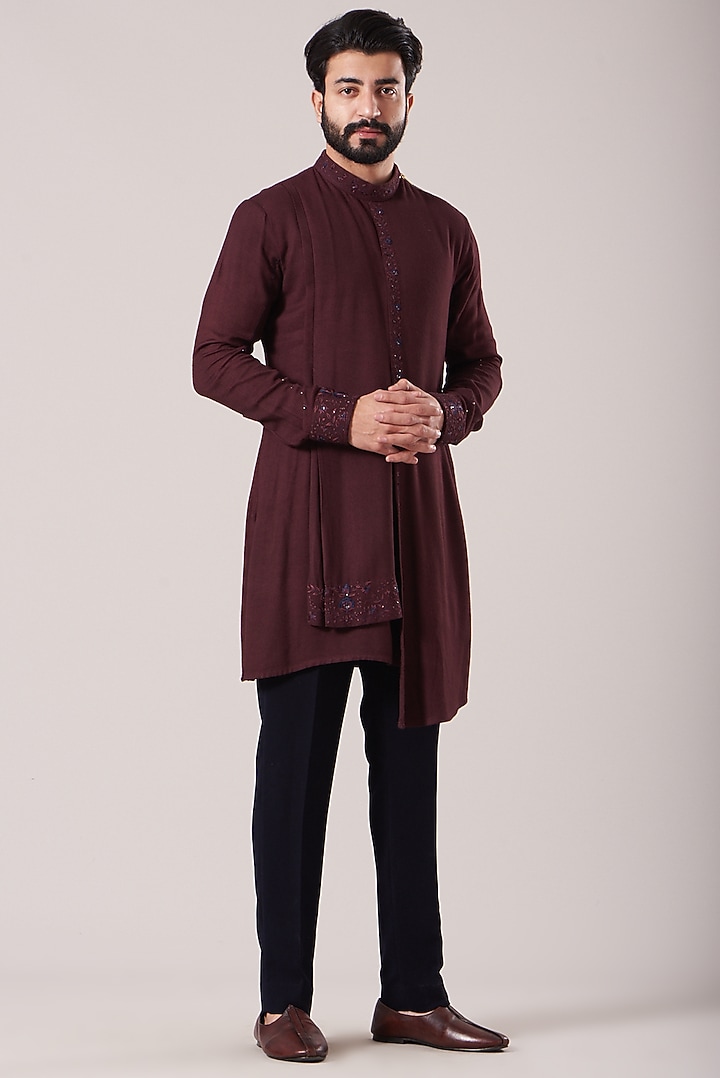 Wine Moss Crepe Floral Embroidered Wedding Indowestern Set by Sarab Khanijou at Pernia's Pop Up Shop