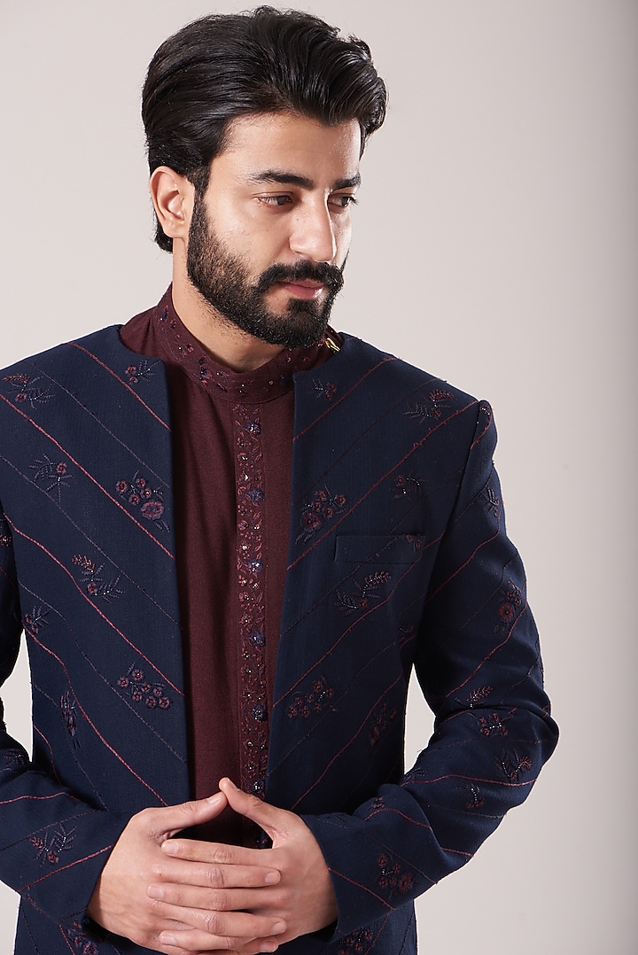 Wine Moss Crepe Floral Embroidered Wedding Indowestern Set by Sarab Khanijou at Pernia's Pop Up Shop