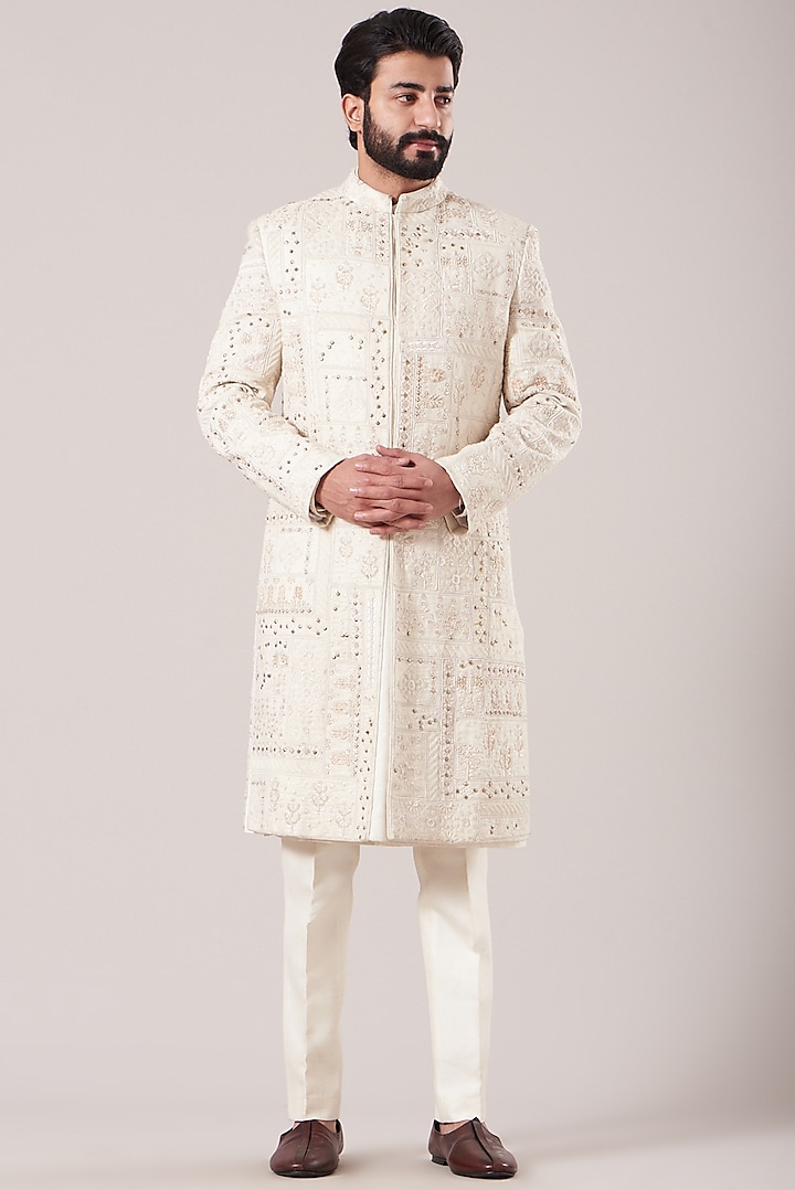 Off-White Embroidered Sherwani Set by Sarab Khanijou